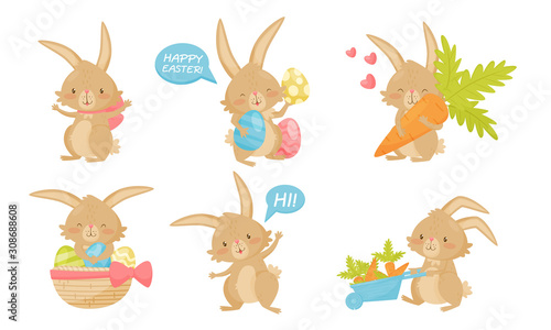 Cute Eastern Bunny Cartoon Character Set, Adorable Rabbit in Different Situations Vector Illustration