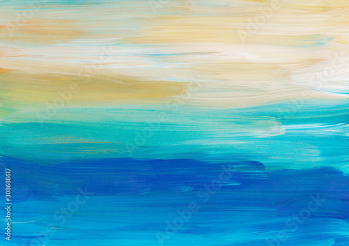 Abstract modern oil painting background texture. Blue, turquoise, yellow, white brush strokes on paper. Colorful elegant art backdrop. 