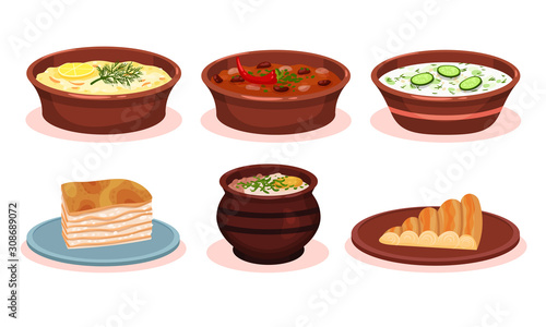 Bulgarian Cuisine National Food Dishes Collection, Vegetables and Meat Stewed in Pot, Banitsa Pie, Okroshka Vector Illustration