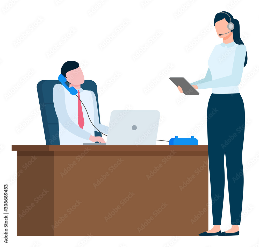 Man sitting on chair near table with laptop, typing and has telephone conversation. Manager woman standing near with tablet. Office workers in corporate business. Vector illustration in flat style Man sitting on chair near table with laptop, typing and has telephone conversation. Manager woman standing near with tablet. Office workers in corporate business. Vector illustration in flat style