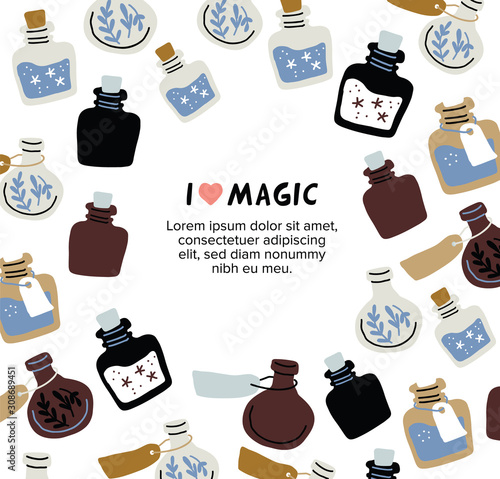Banner frame with colorful magic potion bottles