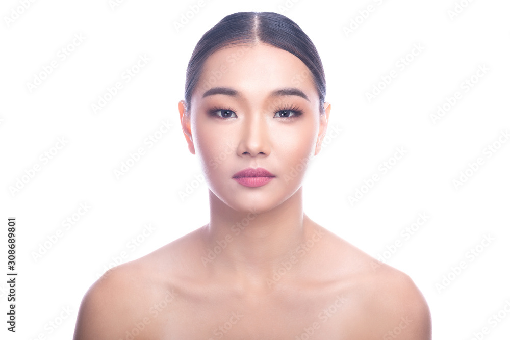 Beautiful Young Asian Woman with Clean Fresh Skin isolate on white background. Spa, Face care, Facial treatment, Beauty and Cosmetics concept. Beautiful Young Asian Woman with Clean Fresh Skin isolate on white background. Spa, Face care, Facial treatment, Beauty and Cosmetics concept.