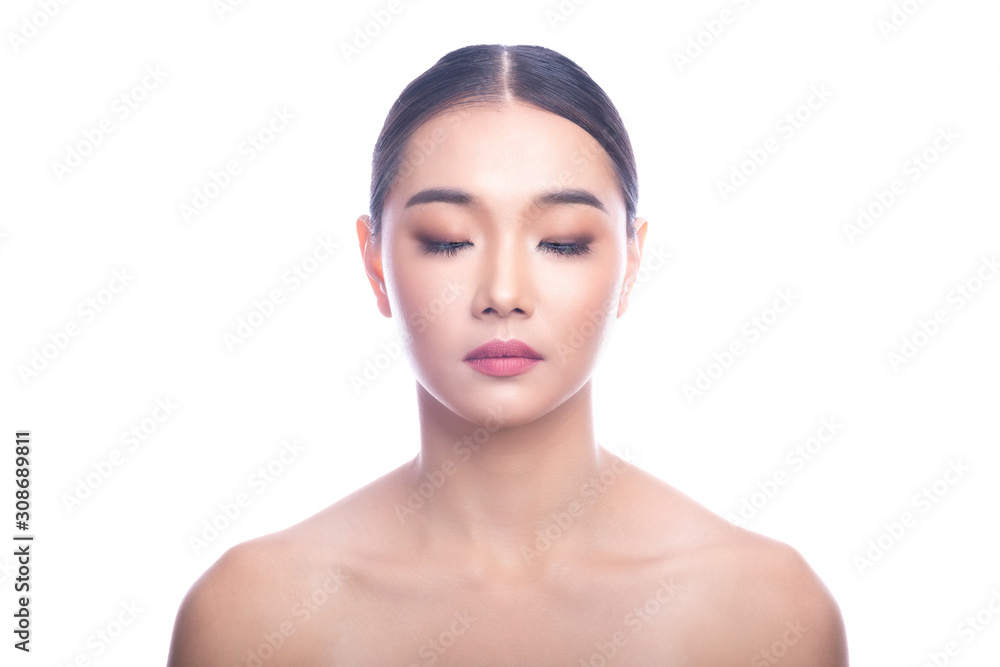 Beautiful Young Asian Woman with Clean Fresh Skin isolate on white background. Spa, Face care, Facial treatment, Beauty and Cosmetics concept. Eye Close. Beautiful Young Asian Woman with Clean Fresh Skin isolate on white background. Spa, Face care, Facial treatment, Beauty and Cosmetics concept. Eye Close.