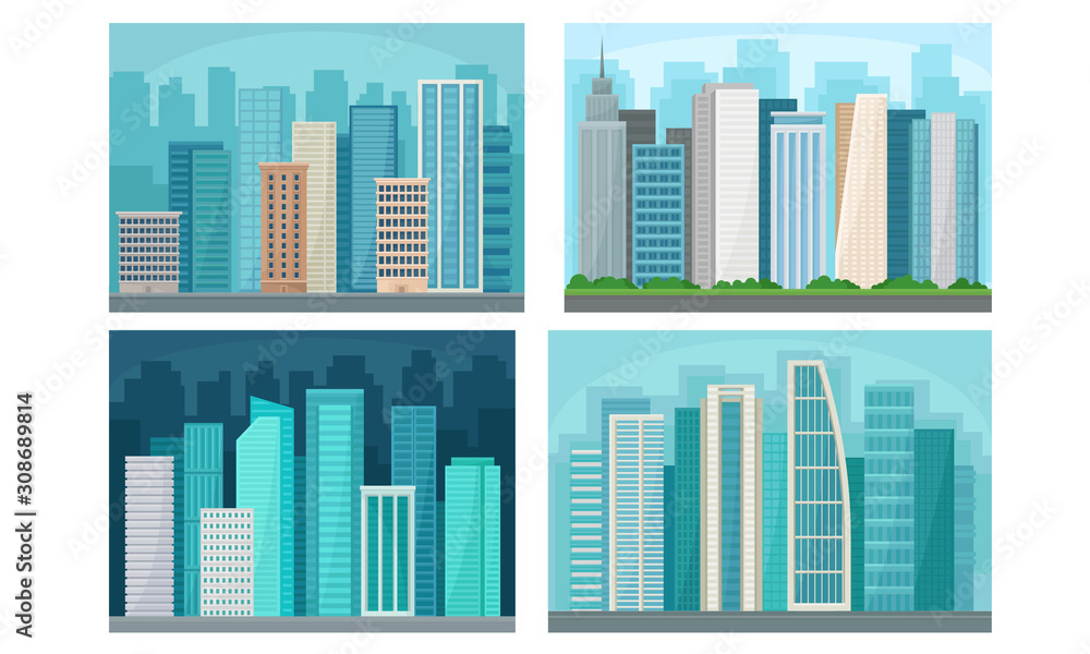 Urban Landscape Set, City Streets with Modern High Skyscrapers Buildings Vector Illustration