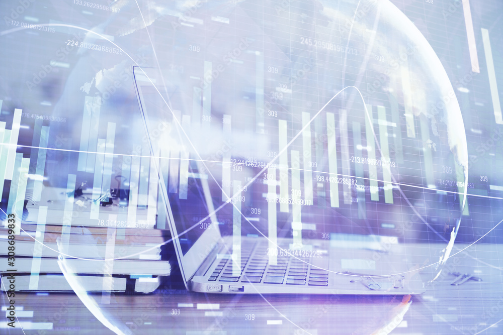 Multi exposure of business theme icons and work space with computer background. Concept of success. Multi exposure of business theme icons and work space with computer background. Concept of success.