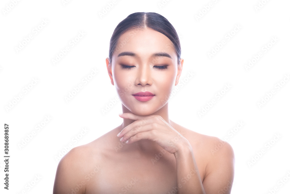 Beautiful Young Asian Woman with Clean Fresh Skin isolate on white background. Spa, Face care, Facial treatment, Beauty and Cosmetics concept. Eye close, left hand touch chin. Smile. Beautiful Young Asian Woman with Clean Fresh Skin isolate on white background. Spa, Face care, Facial treatment, Beauty and Cosmetics concept. Eye close, left hand touch chin. Smile.