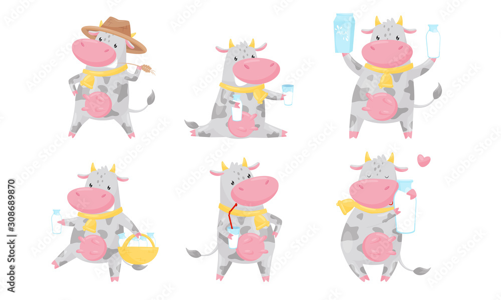 Cute Spotted Cow Cartoon Character Collection, Funny Humanized Farm Animal in Various Action Poses Vector Illustration Cute Spotted Cow Cartoon Character Collection, Funny Humanized Farm Animal in Various Action Poses Vector Illustration