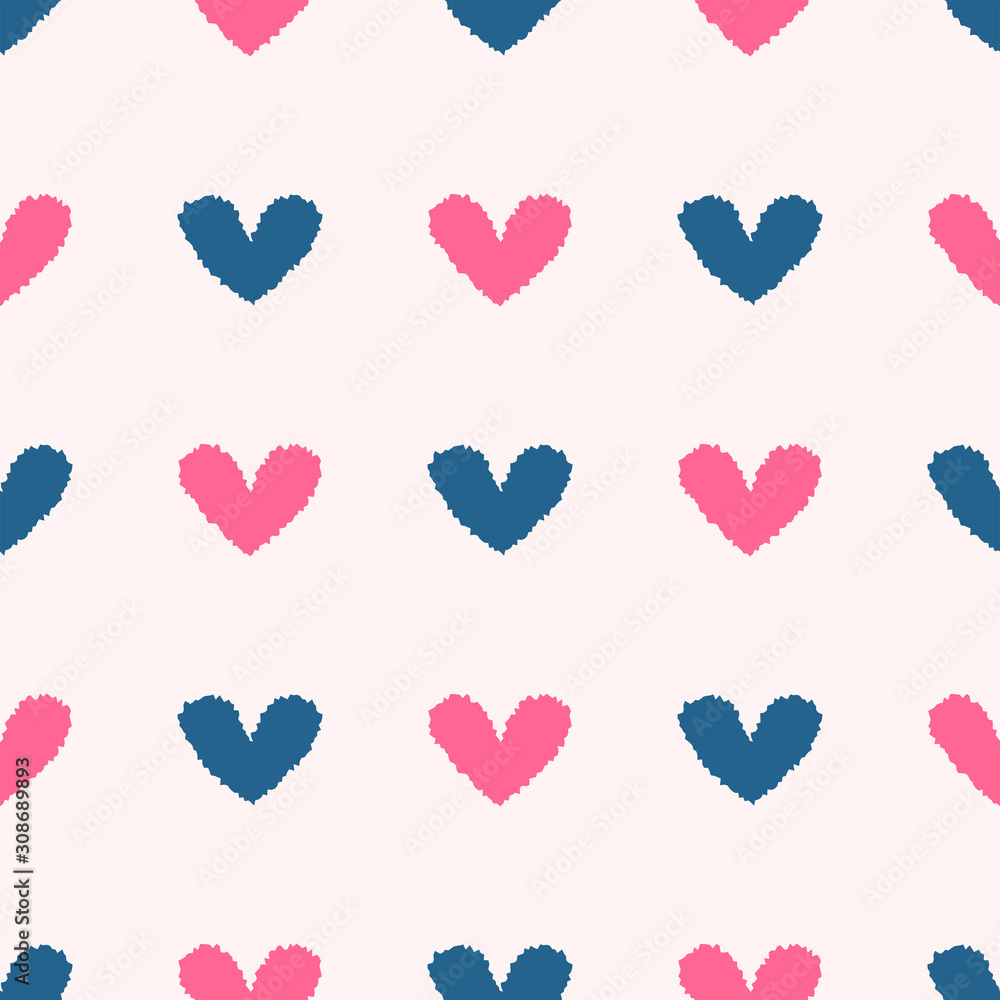 Simple seamless pattern with uneven hearts. Romantic print. Cute vector illustration.