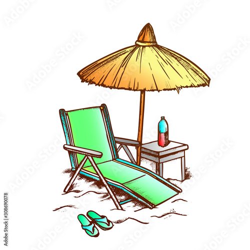 Beach Chair With Straw Umbrella Monochrome Vector. Deck Chair, Parasol, Bottle Of Water On Stool And Sneakers. Engraving Concept Mockup Hand Drawn In Vintage Style Color Illustration