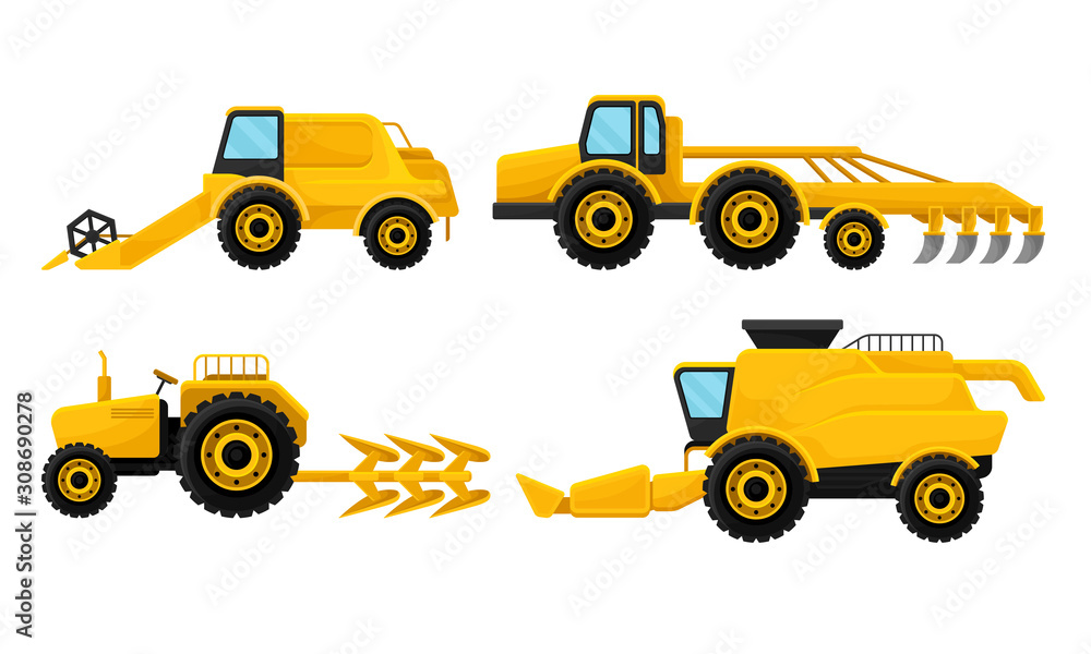 Fototapeta premium Heavy Agricultural Machinery Collection, Yellow Farm Vehicles Vector Illustration