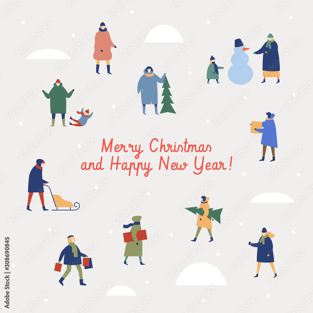 Fototapeta premium Christmas picture with people preparing for the holiday. Happy winter holidays. Design element for new year cards, banners, posters. Xmas layout creative banner. Vector seasonal illustration.