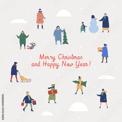 Christmas picture with people preparing for the holiday. Happy winter holidays. Design element for new year cards, banners, posters. Xmas layout creative banner. Vector seasonal illustration.