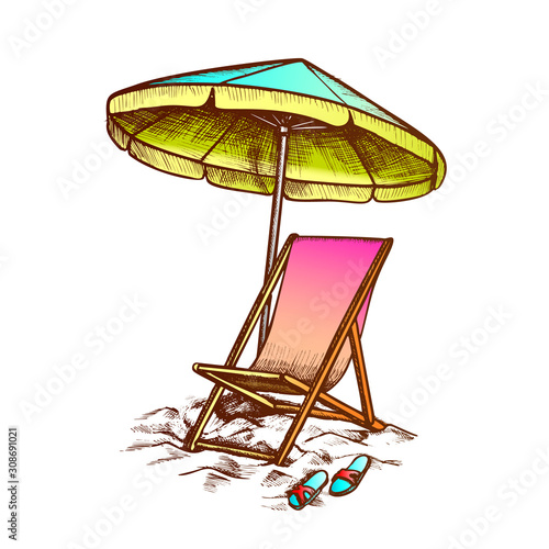 Deck Chair With Umbrella And Slippers Ink Vector. Relax Wooden And Fabric Chair, Parasol And Sneakers On Beach Sand. Coast Tool Engraving Template Designed In Retro Style Color Illustration