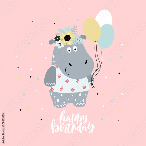 Birthday greeting card with hippopotamus