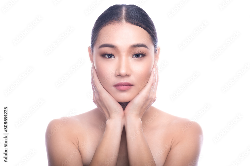Beautiful Young Asian Woman with Clean Fresh Skin isolate on white background. Spa, Face care, Facial treatment, Beauty and Cosmetics concept. V shape hand. Beautiful Young Asian Woman with Clean Fresh Skin isolate on white background. Spa, Face care, Facial treatment, Beauty and Cosmetics concept. V shape hand.