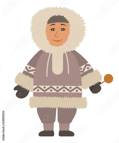 Eskimo man standing alone. Indigenous north guy with lollypop in hands and in warm clothes like coat, gloves and boots. Arctic person isolated on white background. Vector illustration in flat style