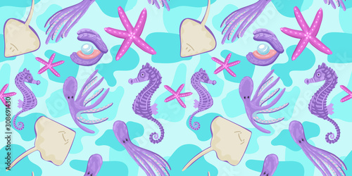 Fototapeta Naklejka Na Ścianę i Meble -  Sea animal seamless pattern. Seahorse, octopus, starfish, stingrays and shell with pearl. Vector illustration