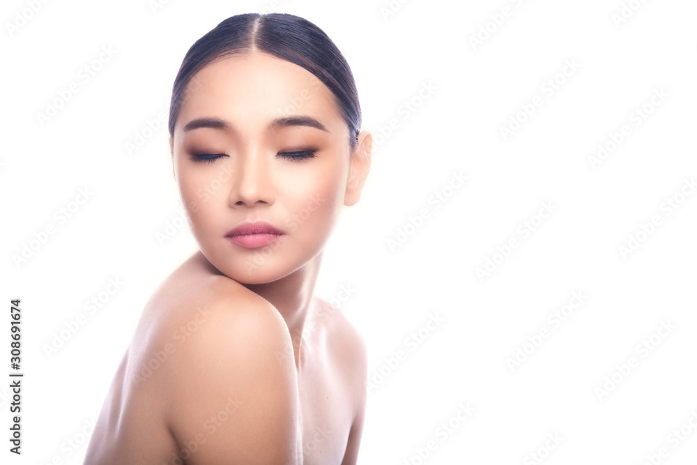 Beautiful Young Asian Woman with Clean Fresh Skin isolate on white background. Spa, Face care, Facial treatment, Beauty and Cosmetics concept. Chin on right shoulder, eye close. Beautiful Young Asian Woman with Clean Fresh Skin isolate on white background. Spa, Face care, Facial treatment, Beauty and Cosmetics concept. Chin on right shoulder, eye close.