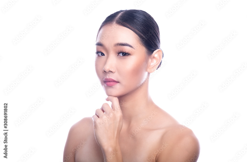Beautiful Young Asian Woman with Clean Fresh Skin isolate on white background. Spa, Face care, Facial treatment, Beauty and Cosmetics concept.Thinking, Beautiful Young Asian Woman with Clean Fresh Skin isolate on white background. Spa, Face care, Facial treatment, Beauty and Cosmetics concept.Thinking,