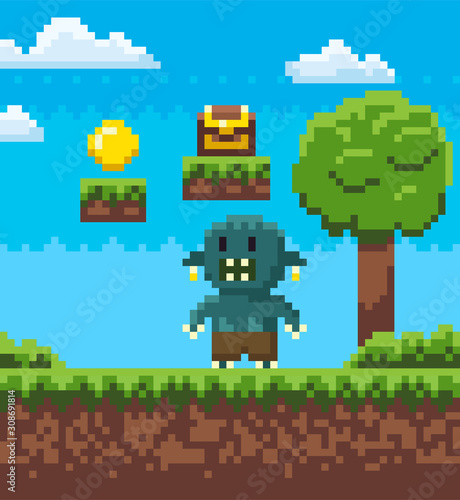 Angry man character of pixel game vector, scary monster with rage pixelated personage with treasure above, casket with coins and wealth, nature mosaics