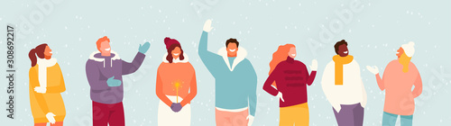 Group of joyful and friendly people in winter clothes standing under the snow. Christmas illustration