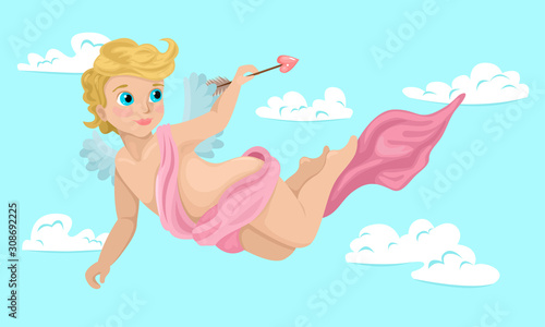 Cupid flies in the sky, aiming an arrow with a heart. Valentine Day greeting card vector illustration