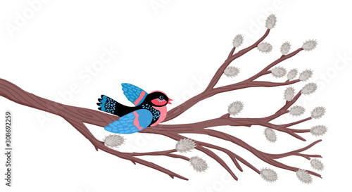 The bird sits on a willow branch. Spring pattern. Vector illustration.