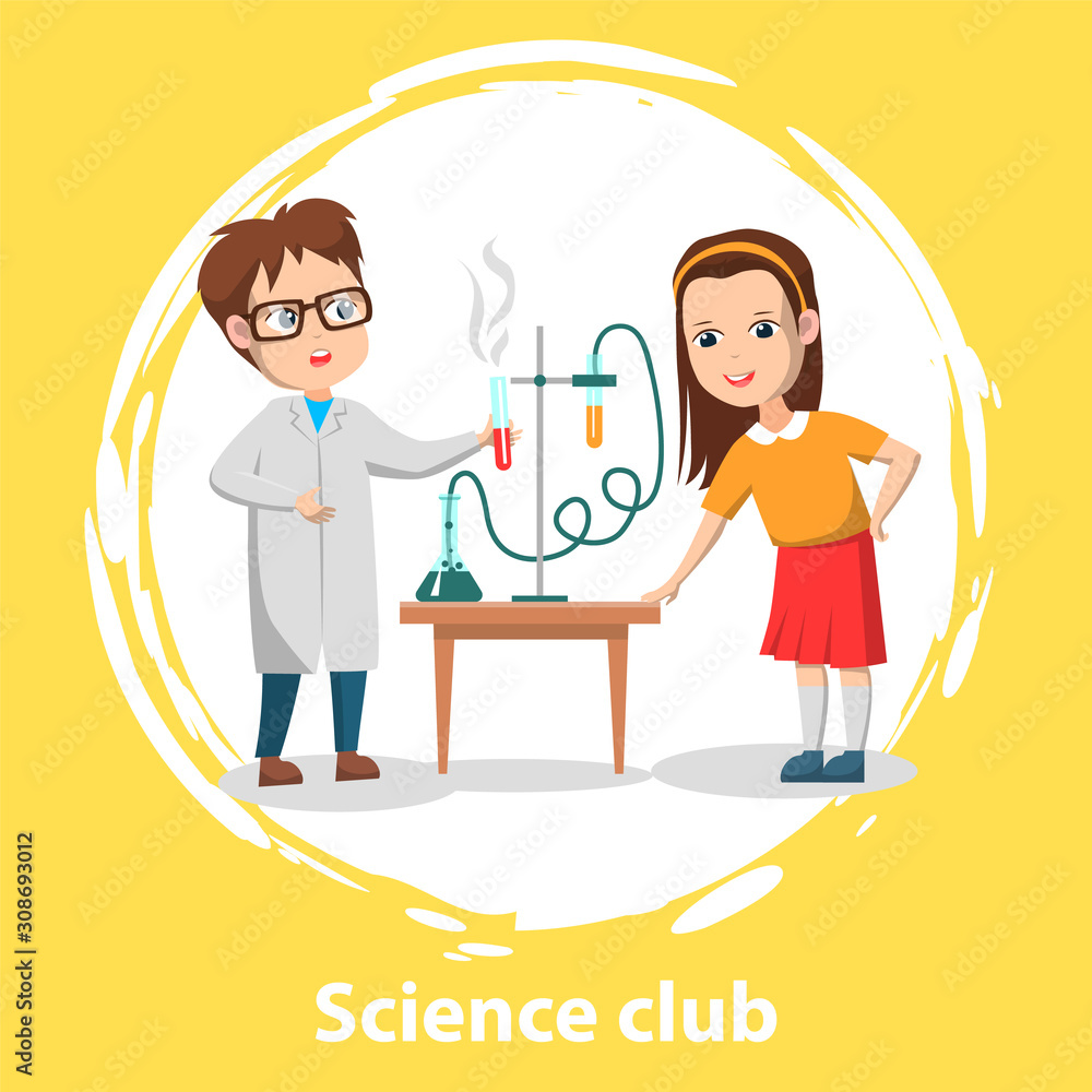 School science club for pupils. Two schoolchildren doing chemical experiment with test tubes and liquids on table. Vector illustration in flat cartoon style School science club for pupils. Two schoolchildren doing chemical experiment with test tubes and liquids on table. Vector illustration in flat cartoon style