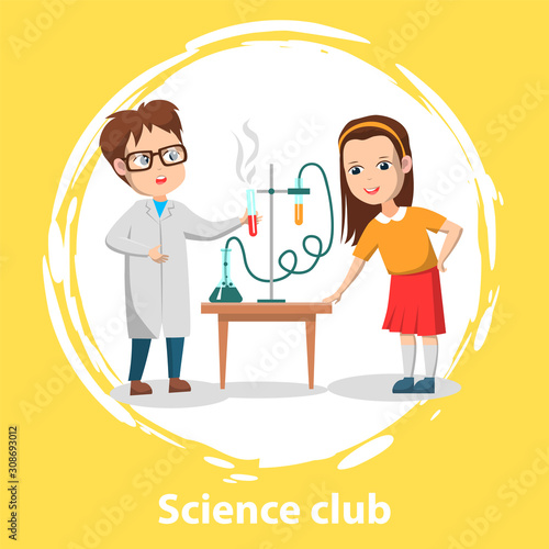 School science club for pupils. Two schoolchildren doing chemical experiment with test tubes and liquids on table. Vector illustration in flat cartoon style
