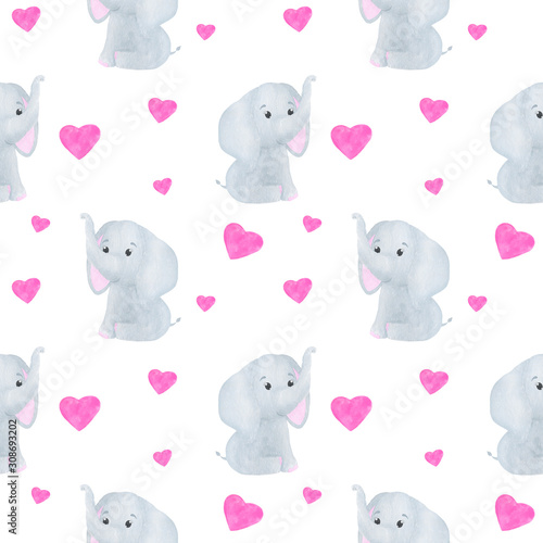 Elephant cute little watercolor seamless pattern childish illustration