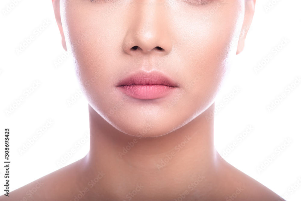 Beautiful Young Asian Woman with Clean Fresh Skin isolate on white background. Spa, Face care, Facial treatment, Beauty and Cosmetics concept. Close up mouth. Beautiful Young Asian Woman with Clean Fresh Skin isolate on white background. Spa, Face care, Facial treatment, Beauty and Cosmetics concept. Close up mouth.