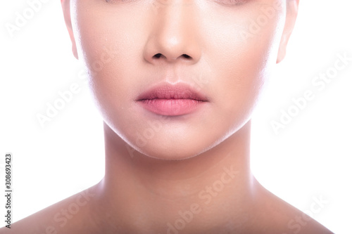 Beautiful Young Asian Woman with Clean Fresh Skin isolate on white background. Spa, Face care, Facial treatment, Beauty and Cosmetics concept. Close up mouth.