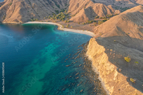 Aerial view of Pink Beach located in Komodo National Park, Indonesia.
