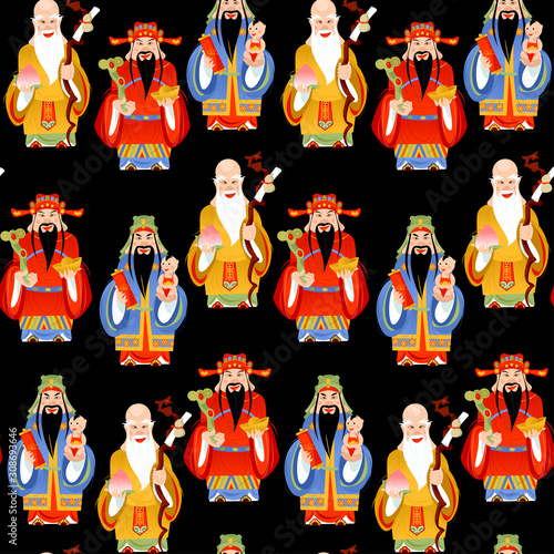 The Sanxing. Three Chinese lucky gods: God of Longevity (Shou), Prosperity (Lu) and Fortune (Fu).  Seamless background pattern.