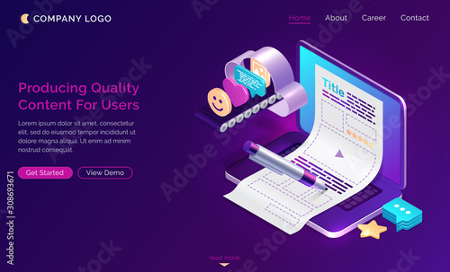 Production of quality content for users, vector isometric concept. Content marketing and blogging ad, open laptop, paper post layout and pen, cloud and conveyor with social icon ultraviolet background