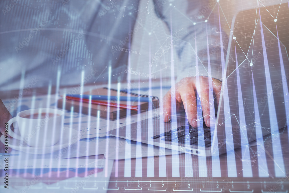 Forex graph with businessman working on computer in office on background. Concept of hardworking. Multi exposure. Forex graph with businessman working on computer in office on background. Concept of hardworking. Multi exposure.