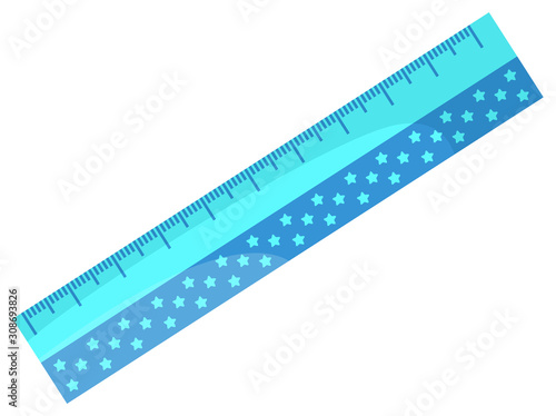 Blue ruler vector, isolated icon of device for measuring flat style object for precision. Item decorated with dots, made of plastic material school supply. Back to school concept. Flat cartoon