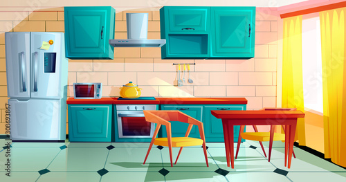 Kitchen interior witn furniture cartoon vector illustration. Home cooking room with wooden dining table, blue kitchen cabinets, fridge with magnet and reminder, oven, microwave, hob and extractor hood