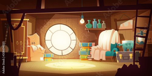 House attic with old furniture, dust flying in air, cartoon vector background. Attic interior in wooden house with round window under roof, day sunlight on floor, wardrobe, chair and storage boxes