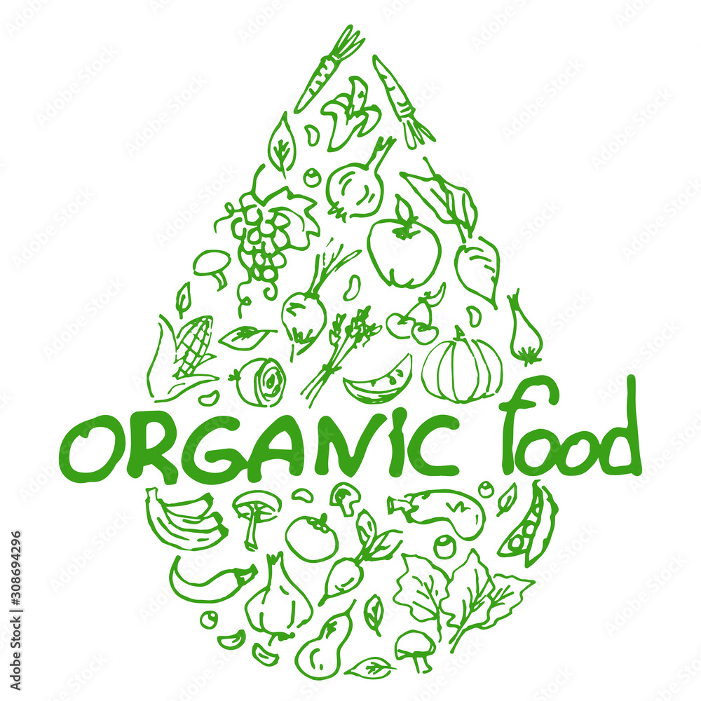 Logo organic food. Painted vegetables and fruits are inscribed in the shape of a drop. Environmentally friendly products for healthy eating. Vector illustrations are isolated. Logo organic food. Painted vegetables and fruits are inscribed in the shape of a drop. Environmentally friendly products for healthy eating. Vector illustrations are isolated.