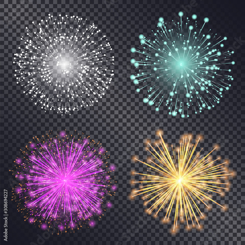Collection of fireworks explosion isolated on transparent background. Set of bright glowing splashes for holidays celebration. Festival pyrotechnics shining in evening. Vector in flat style