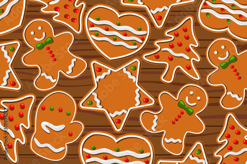 Vector image of gingerbread Wallpaper for Christmas. Gingerbread man, heart, star, Christmas tree and more.