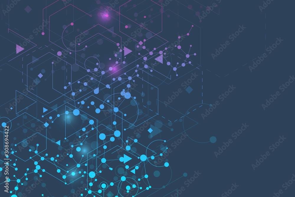 Obraz premium Structure molecule and communication. Dna, atom, neurons. Scientific concept for your design. Connected lines with dots. Medical, technology, chemistry, science background. Vector illustration.