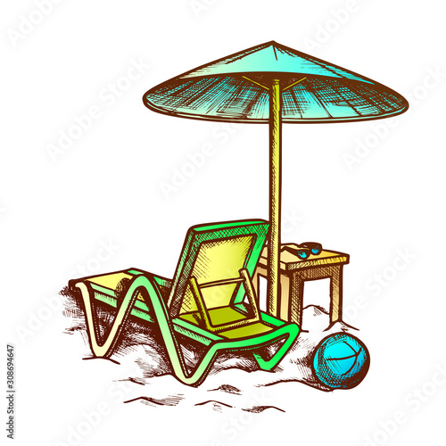 Beach Chair With Umbrella And Stool Retro Vector. Sun Glasses On Wooden Chair And Ball On Sand. Summer Vacation Engraving Concept Template Hand Drawn In Vintage Style Color Illustration
