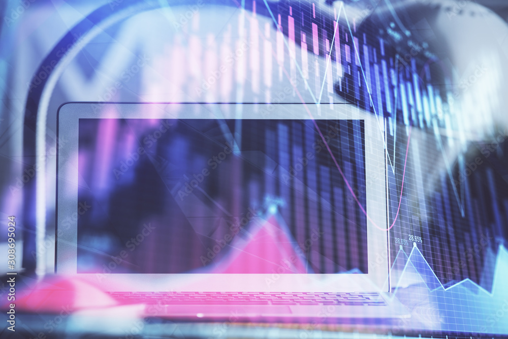 Stock market graph and table with computer background. Double exposure. Concept of financial analysis. Stock market graph and table with computer background. Double exposure. Concept of financial analysis.