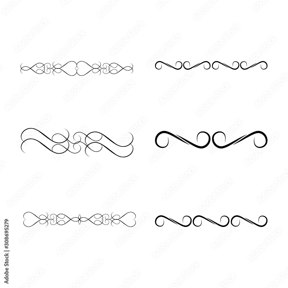 Decorative swirls dividers. Elegance line for frame, invitation. Delimiter old text, calligraphic swirl border ornaments and vintage divider Ornament curl, calligraphy victorian lines Vector icons set