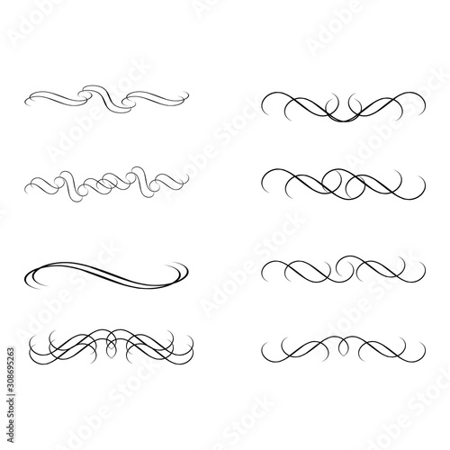 Decorative swirls dividers. Elegance line for frame, invitation. Delimiter old text, calligraphic swirl border ornaments and vintage divider Ornament curl, calligraphy victorian lines Vector icons set