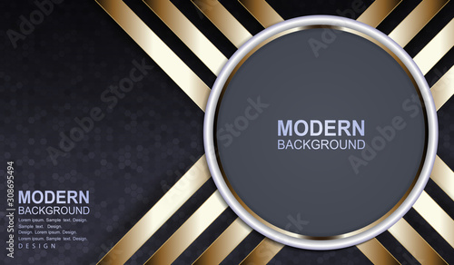 Gray background with a mosaic of polygons, a round frame with a white edging and stripes of gold hue