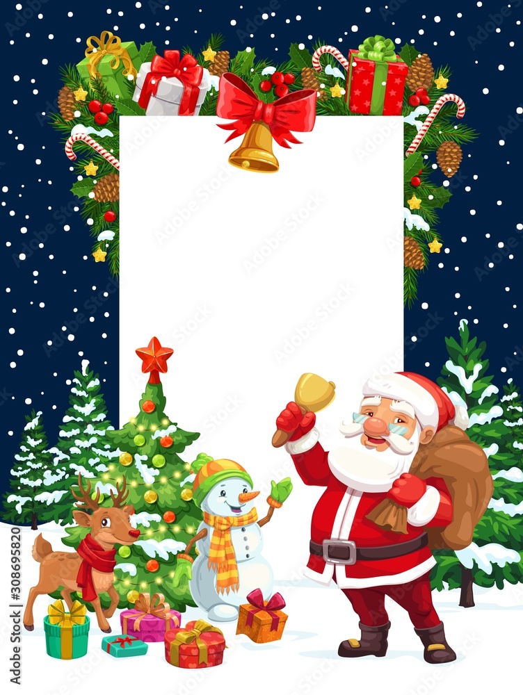 Naklejka premium Christmas holiday blank greeting vector poster, Santa with golden bell, snowman and reindeer. Xmas tree lights, decoration ornaments and gifts, candy canes and falling snow in nigh sky