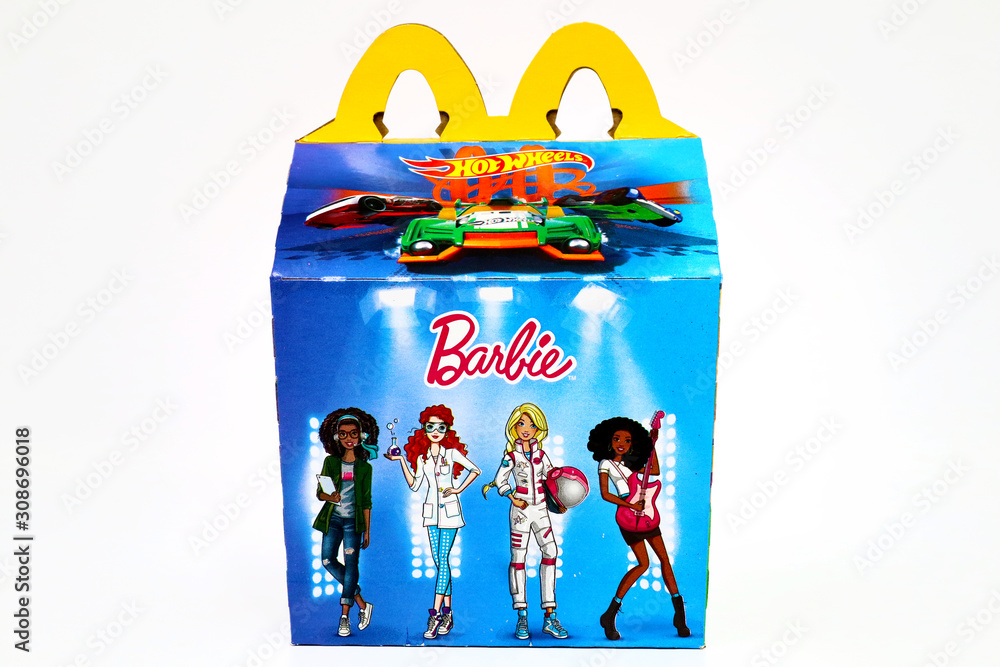 Los Angeles, California – December 2, 2019: McDonald's Happy Meal cardboard  box with printed Mattel BARBIE and Hot Wheels Toys. McDonald's is a fast  food restaurant chain Stock Photo | Adobe Stock